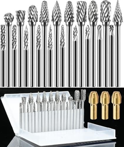3Pcs Collets and 20Pcs 18 Shank Carbide Burr Compatible with Dremel Milwaukee Metal Grinding Wood Stone Steel Carving Cutting Polishing Engraving Grinder Kit Attachment Rotary Tool Accessories Set