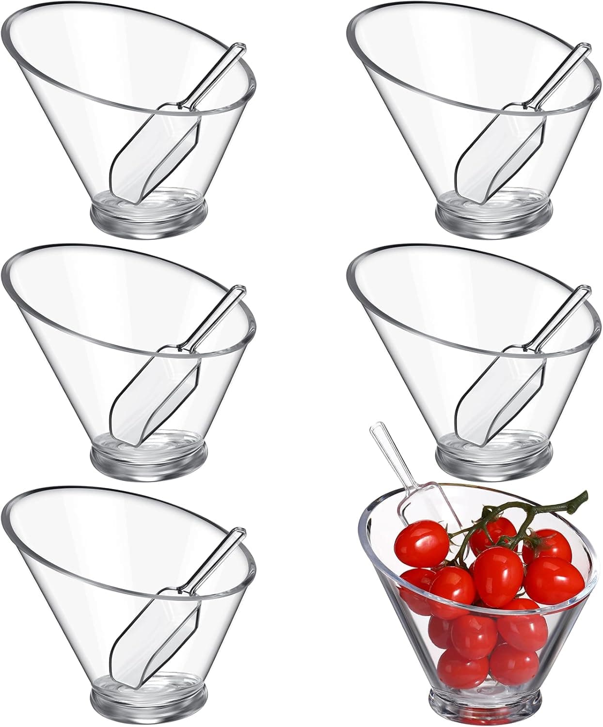 Sawysine 12 Pcs Acrylic Clear Serving Bowls with Plastic Kitchen Scoops Salad Serving Bowls Popcorn Scoops Angled Candy Bowl for Salad Cooking Parties19 oz