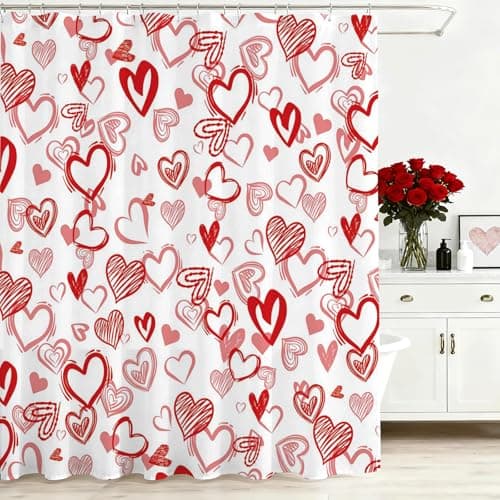 Mocsicka Valentine Day Shower Curtain with 12 Hooks Red Sweet Love Heart Shower Curtain for Valentines Day Decorations, Waterproof Fabric Bath Shower 72 X 72 Inch