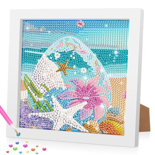 Bowetile Beach 5D Diamond Art Kits for Adults Beginners with Frame, Fancy Seaside Diamond Painting Kits for Adults Kids, DIY Full Drill Diamond Crystal Gem Paintings Arts and Crafts for Home Decor