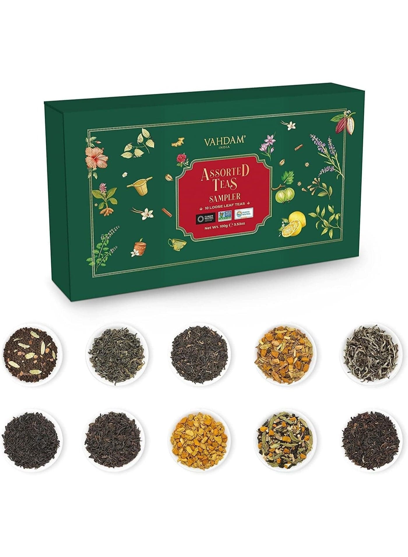 VAHDAM, Assorted Loose Leaf Tea Gift Set (10 Flavors, 100 gm) Gift Ideas for Women & Men | Herbal Tea, Green Tea, Chai Tea & Black Tea Sampler| Non-GMO, Gluten Free | Gifts for Him/Her