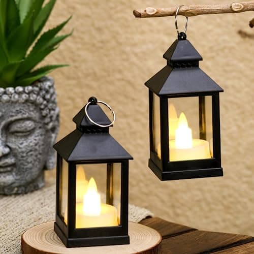 SATYAM KRAFT 2 Pcs Small Antique LED Lantern Hurricane Candle Lamp – Flameless & Smokeless Acrylic Light for Home Decor, Wedding, Valentine Decorations, Living Room, Table Centerpiece (9.5 x 4.5 cm)