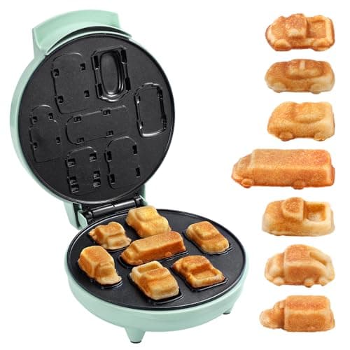 Primalite Cars & Trucks Kids Waffle Maker Machine- 700 Watts - Make 7-Mini Different Race, Police Car, Trucks & Bus Shaped Waffles or Pancakes | Unique Gift Idea | Electric Non-Stick Iron- Mint Green