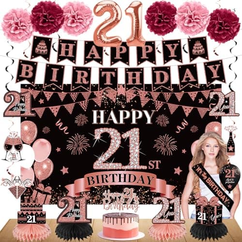 Eucutur 42PCS 21st Birthday Decorations Kit for Girls Women Rose Gold Happy 21st Bday Banner Balloon Honeycomb Centerpiece Swirl Paper Pompom Party Supplies 21 Bday Sash Table Cake Topper Swirls Set