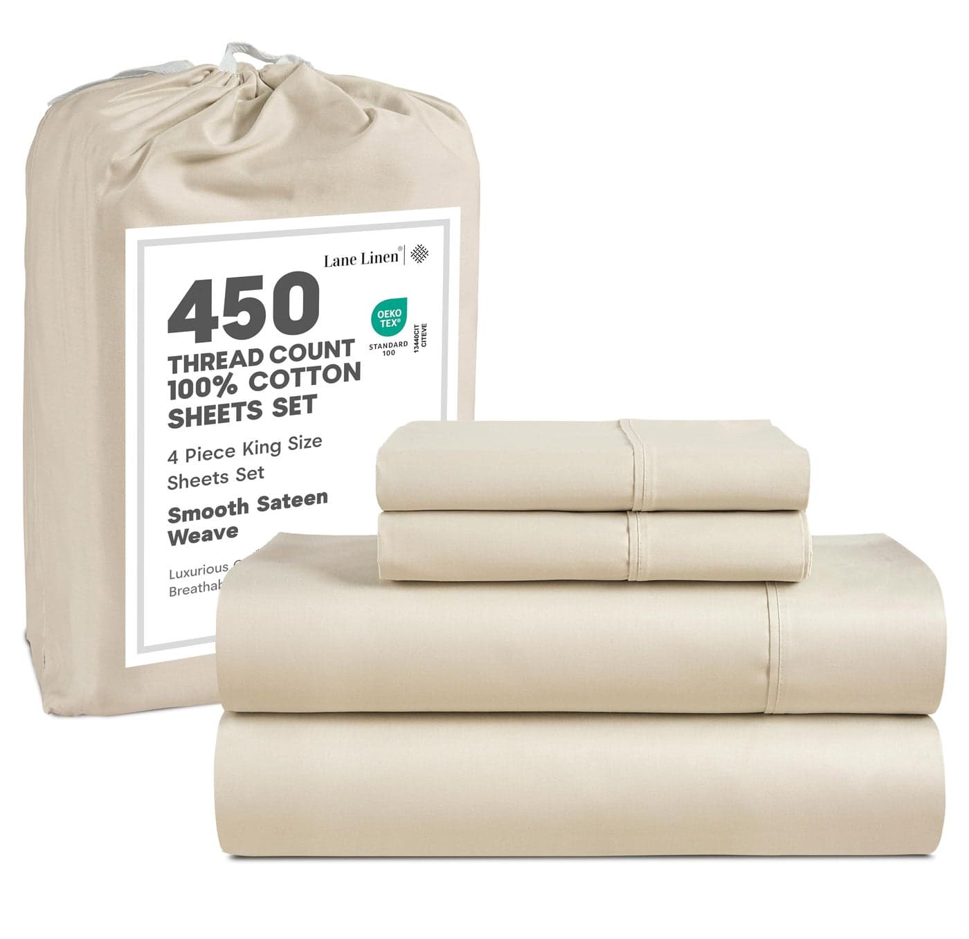 LANE LINEN 100 Cotton Sheets King Size Bed Sheets Set 450 Thread Count Cooling Sateen Weave Deep Pocket Fits 15 Mattress Soft Premium Bedding Sheets Pillowcases Ivory