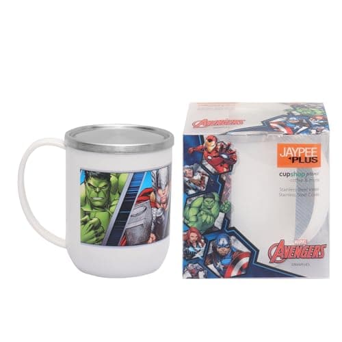Jaypee Plus Cupshup Prime Disney Avengers Printed Kid's Breakfast Milk Mug with Stainless Steel Inners & Lid, 400 ml