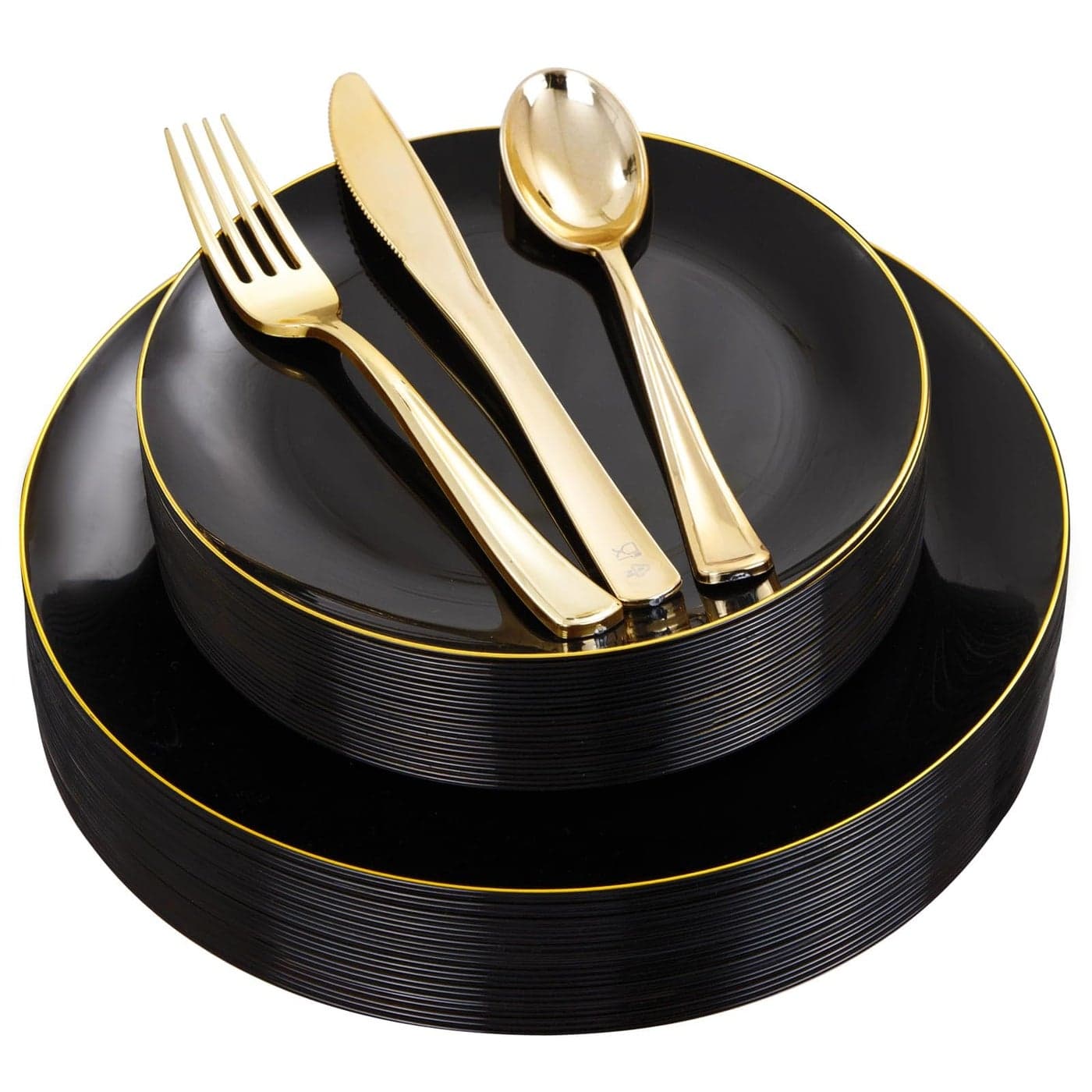 YOUBET 125PCS Black and Gold Plastic Plates Black Disposable Plates With Gold Rim Includes 25 Dinner Plates 25 Dessert Plates 75 Gold Cutlery for Wedding Birthday Party