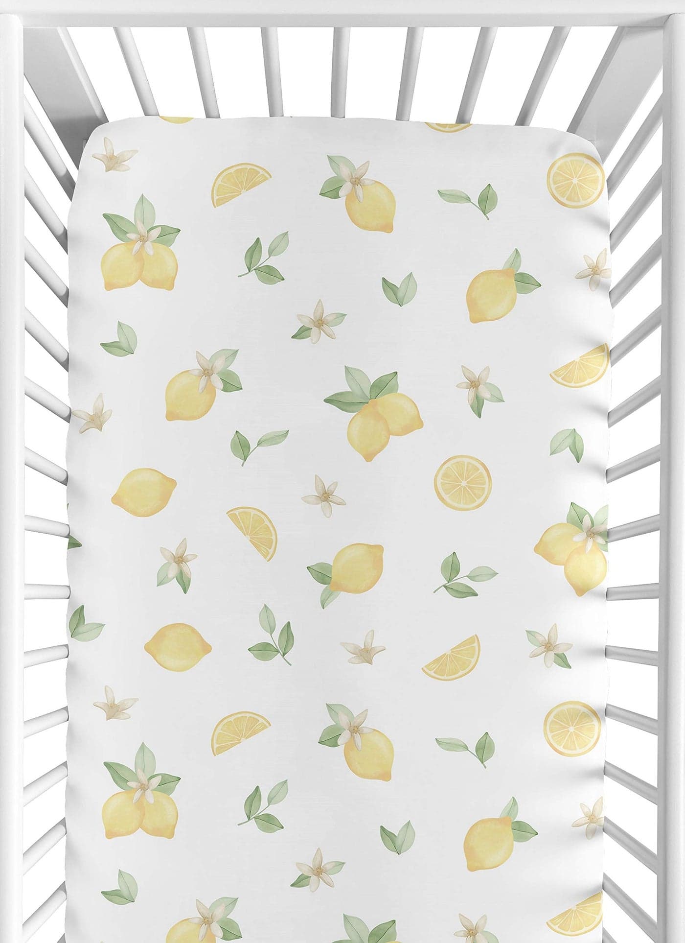Sweet Jojo Designs Lemon Floral Girl Fitted Crib Sheet Baby or Toddler Bed Nursery Yellow Green Beige White Watercolor Boho Bohemian Farmhouse Fruit Flower Blossom Botanical Leaf