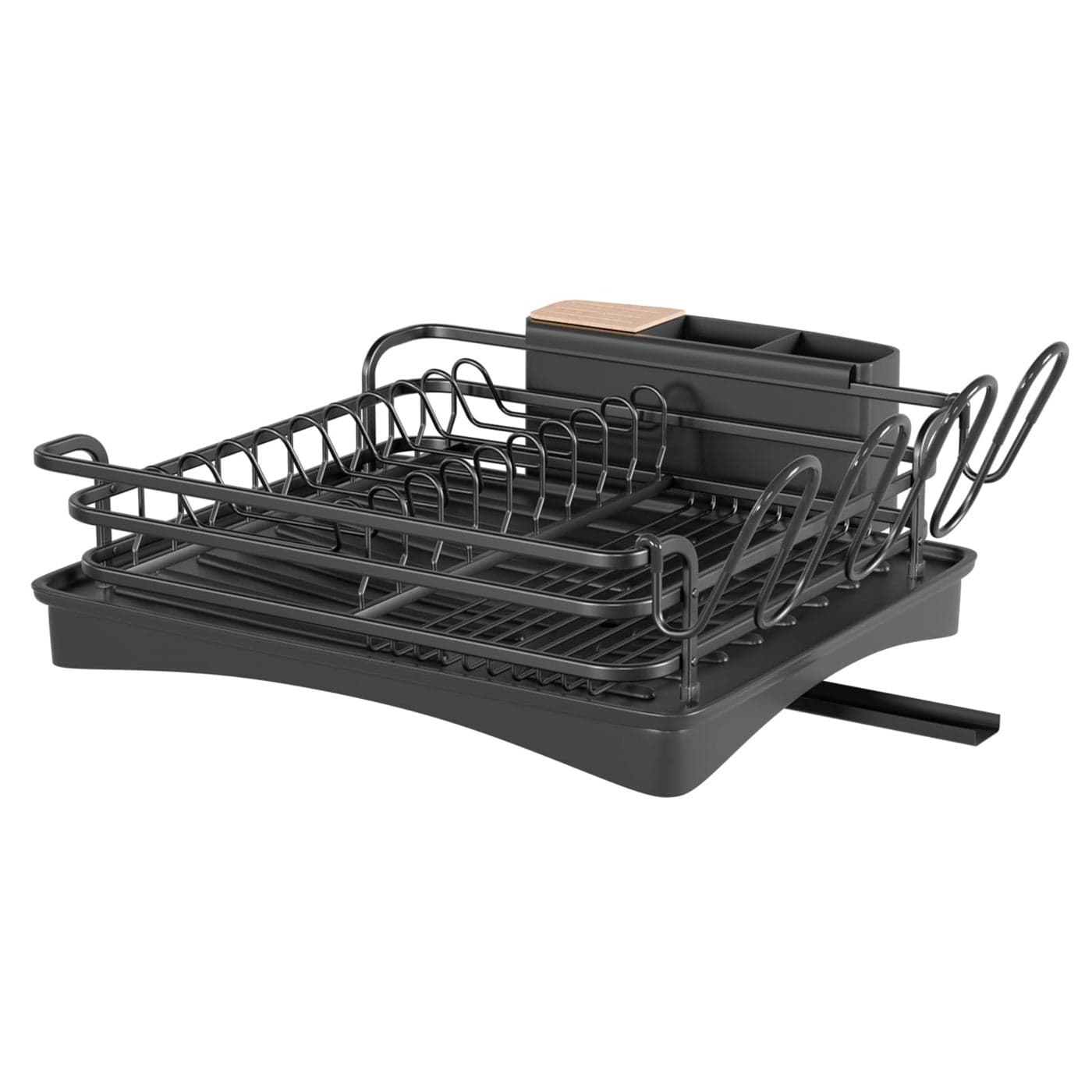 BRIAN DANY Aluminum Dish Drying Rack Dish Drainer with Removable Cutlery Holder Cup Holder Unique 360 Swivel Spout Drain Board Black