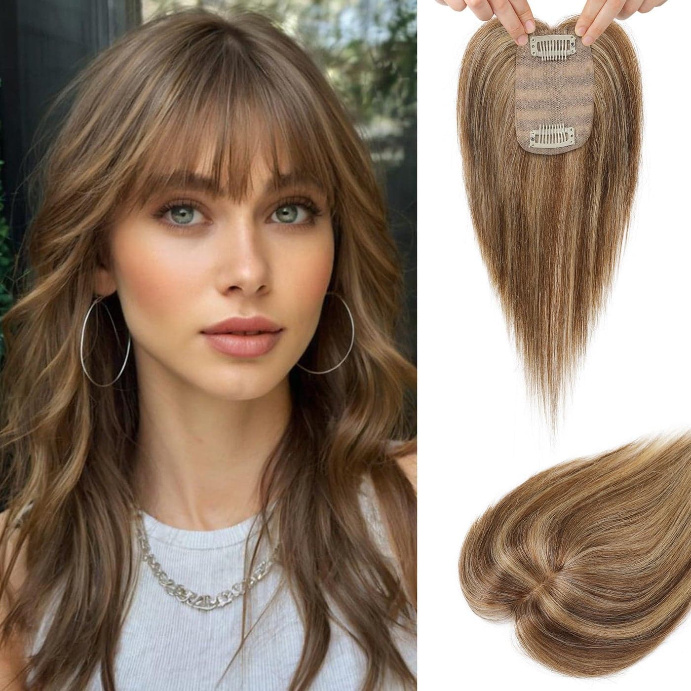 Flufymooz Real Human Hair Toppers for women 10 Inch Clip in Bangs 100 Human Hair Toppers for Thinning Hair Cover Hair Topper Hair Pieces with 150 Density Silk BaseMedium Brown with Blonde