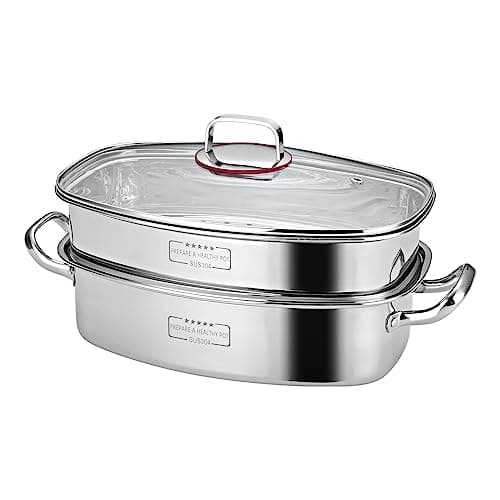 Eglaf 2Tier Stainless Steel Fish Steamer MultiUse Square Steaming Cookware with Rack Ceramic Plate Chuck Oven Mitts Stockpot for Steaming Fish Boiling Soup