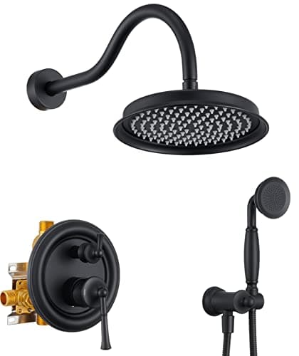 WINKEAR Rain Shower Head with Handheld Spray Rainfall Shower System with Roughin Valve Shower Faucet Set with Pressure Balance Valve 9 Inch Luxury Shower Trim Kit Wall Mount Matte Black