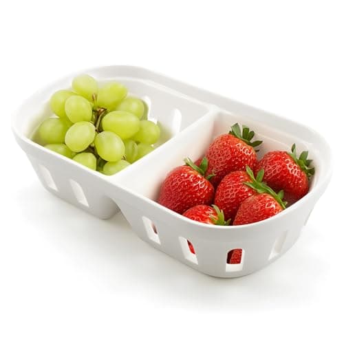 KBVASOTZ Ceramic Berry Basket, 2 in 1 Square Fruit Bowl with Holes, Ceramic Colander for Kitchen, Refrigerator, Counter, Holds Berries, Strawberries, Grapes, Cherries, Vegetables (White)