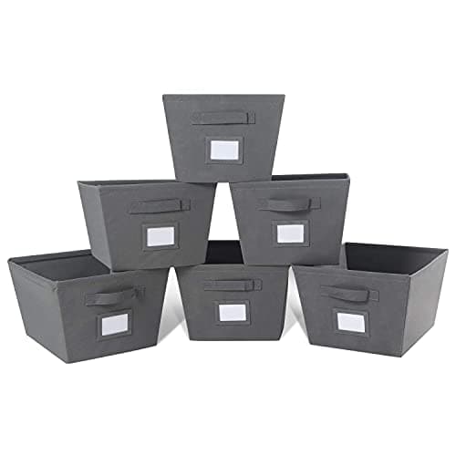 DOUBLE R BAGS Fabric Cloth Toy Storage Bins - Foldable/Collapsible Cubes Organizer Baskets With Dual Handles for Home Kids Bedroom With Transparent Label Pocket (Grey, Set of 6)