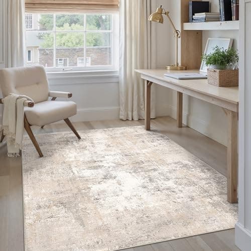 WondRg 4x5 Washable Area Rug Beige Grey Abstract Non Slip Soft Low Pile Rug for Entryway Kitchen Bathroom Neutral Modern Throw Carpet for Living Room Bedroom Home Decor