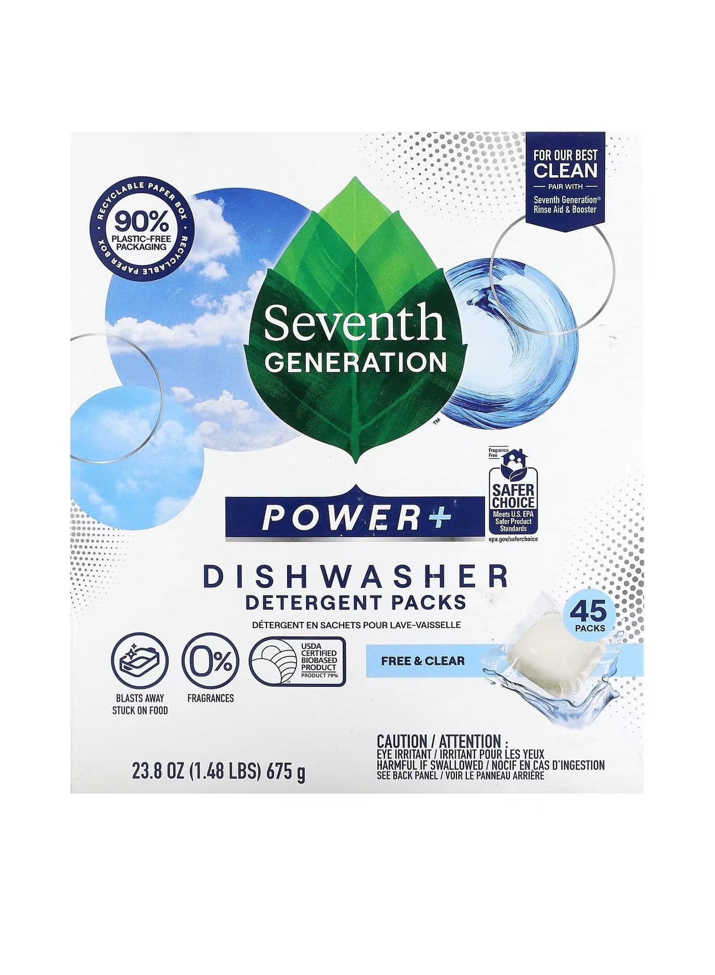 Power Dishwasher Detergent Packs Free Clear 45 Packs 23.8 oz 675 g