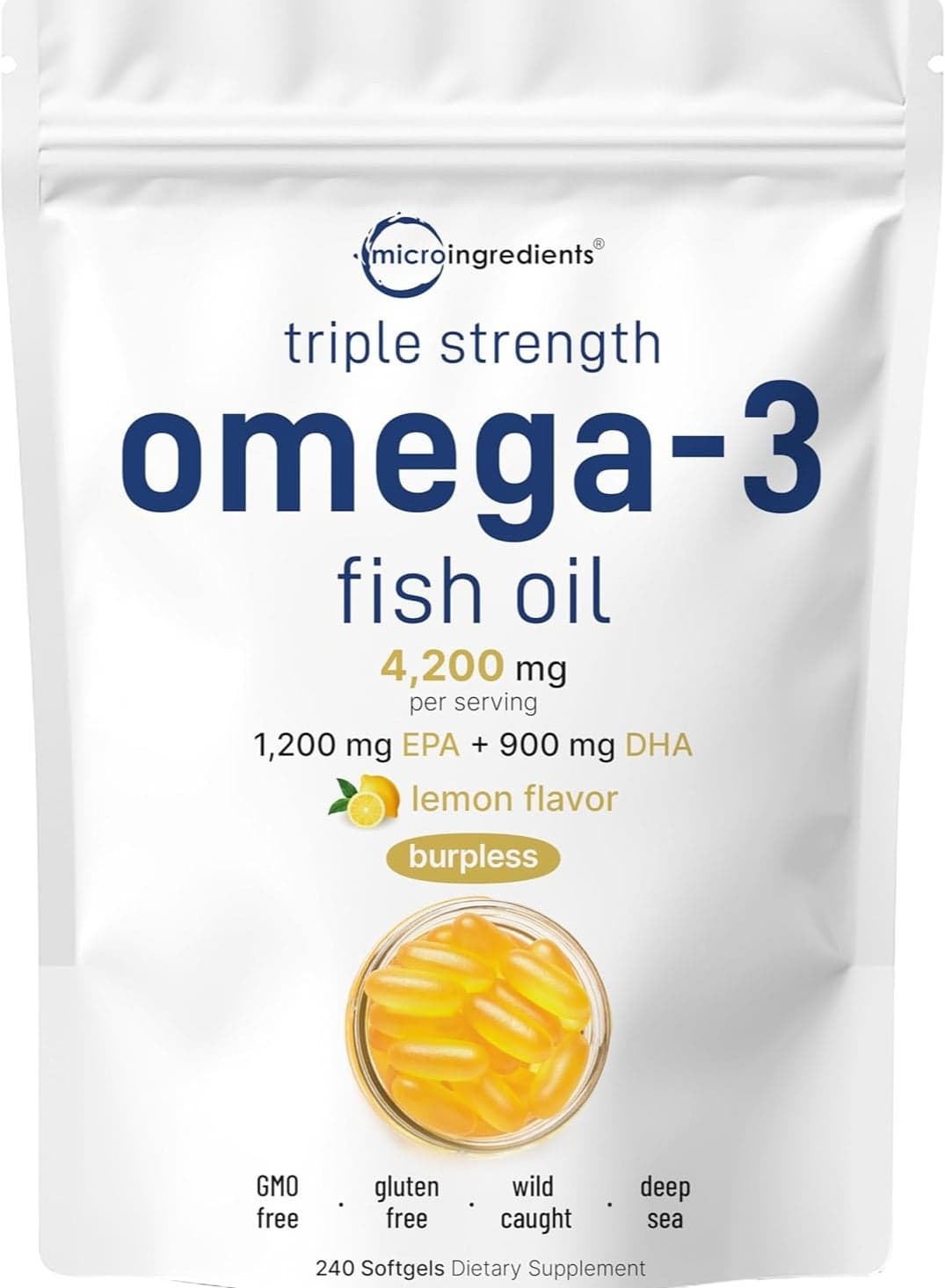 Triple Strength EPA 1200 mg and DHA 900 mg Omega-3 Fish Oil Supplement 4200 mg Per Serving, 240 Softgels