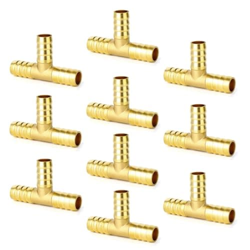 GASHER 10 Pieces Brass Hose Barb Tee, 3-Way Tee Hose Fitting (1/4" x 1/4" x 1/4" Hose Barb)