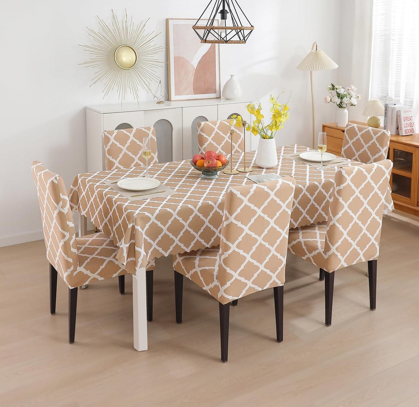 House of Quirk Polyvinyl Chloride (PVC) Dining Chair Cover with Rectangular Table Covers for Kitchen Waterproof Dining Table Cloth (Beige Brocade, 1 Table Cover + 6 Chair Cover)