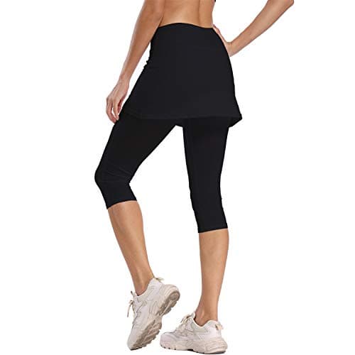 Ibeauti Womens UPF 50+ Yoga Skirted Capri Leggings Golf Tennis Pants with Skirt for Running Workout Active (Black, Small)