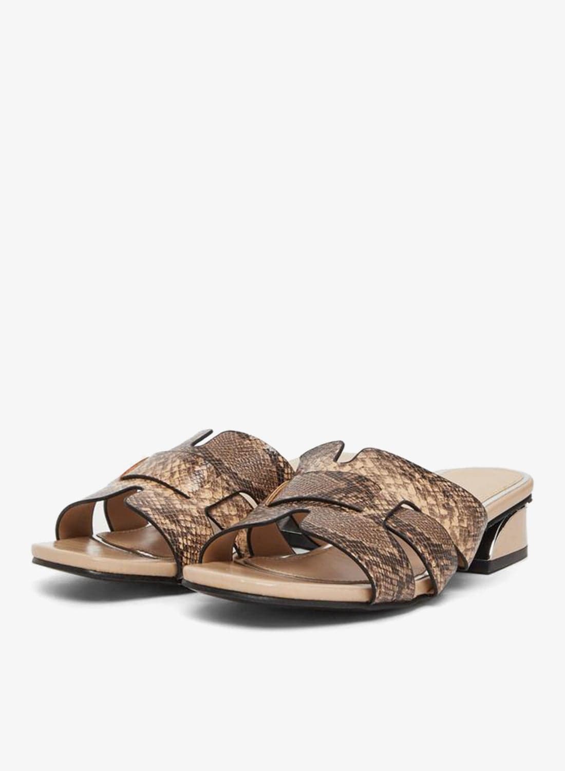 Women Beige Snake Skin Print Block Heel Sandals
