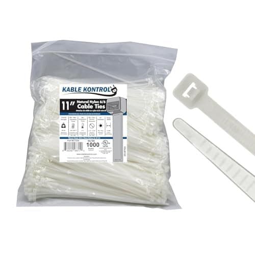 Kable Kontrol Cable Zip Ties Natural White 1000 Pcs 11 Inch, 50 Lbs Tensile Strength, Self-locking Natural Nylon Clear Plastic Wire Ties wraps for Indoor or Outdoor Use