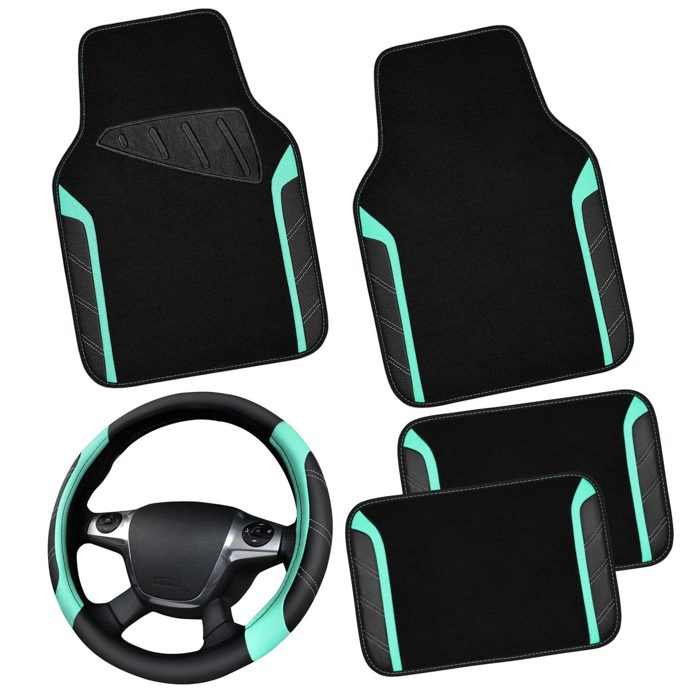 CAR PASS Leather Steering Wheel Cover and Waterproof Car Floor MatsMicrofiber Universal Car Combo Fit for 95 SedanSUVCars14515inch Sporty AntiSlip Safety Comfortable DesignBlackMint