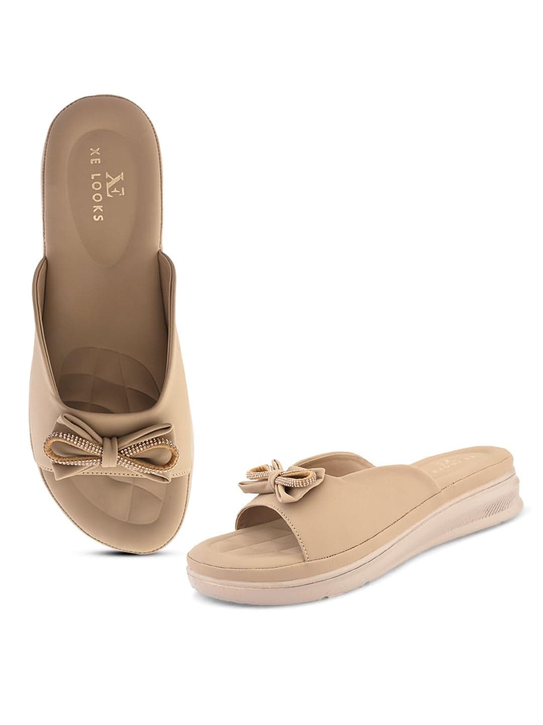 XE Looks Beige Bow Embellished Design | Quilted Cushioned Footbed | Lightweight Slip On Platform Slippers For Girl & Women