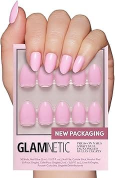Glamnetic Press On Nails Think Pink Solid Opaque Light Pastel Pink Short Oval Nails Reusable 15 Sizes 30 Nail Kit