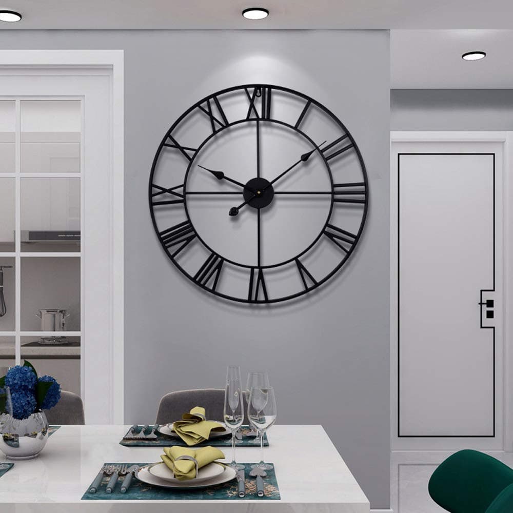 LEIKE Large Wall Clock 24 Completely Silent Non Ticking BatteryOperatedRustic Round Modern Metal Wall Clock Decor for Living Room Bedroom and Kitchen 60cm BlackRoman Number