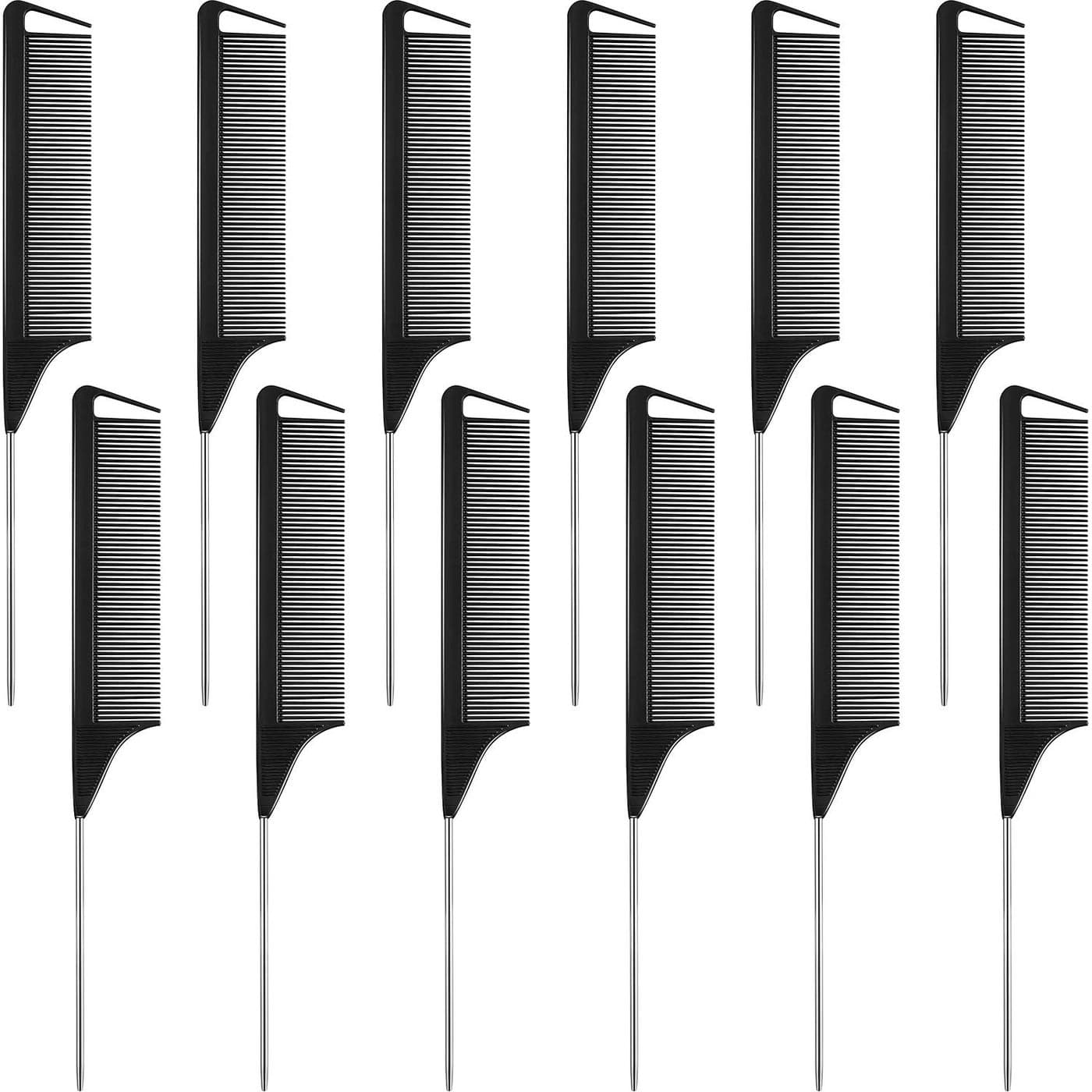 Boao 12 Packs Rat Tail Combs Black Hair Comb Stainless Steel Pin Tail Carbon Fiber Heat Resistant for Women Braids Hair StylingBlack