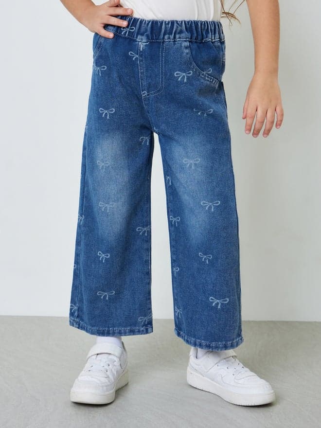 Styli Girls Bow Print Straight Leg Jeans
