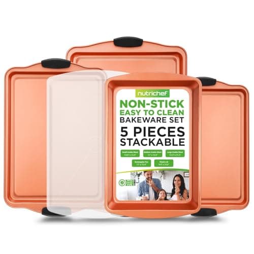 NutriChef 5Piece Baking Pans Set Stackable Cookie Sheets Roasting Pan w Lid Convenient Sizes for Cooking Baking Includes Builtin Silicone Handles Easy to Clean Copper
