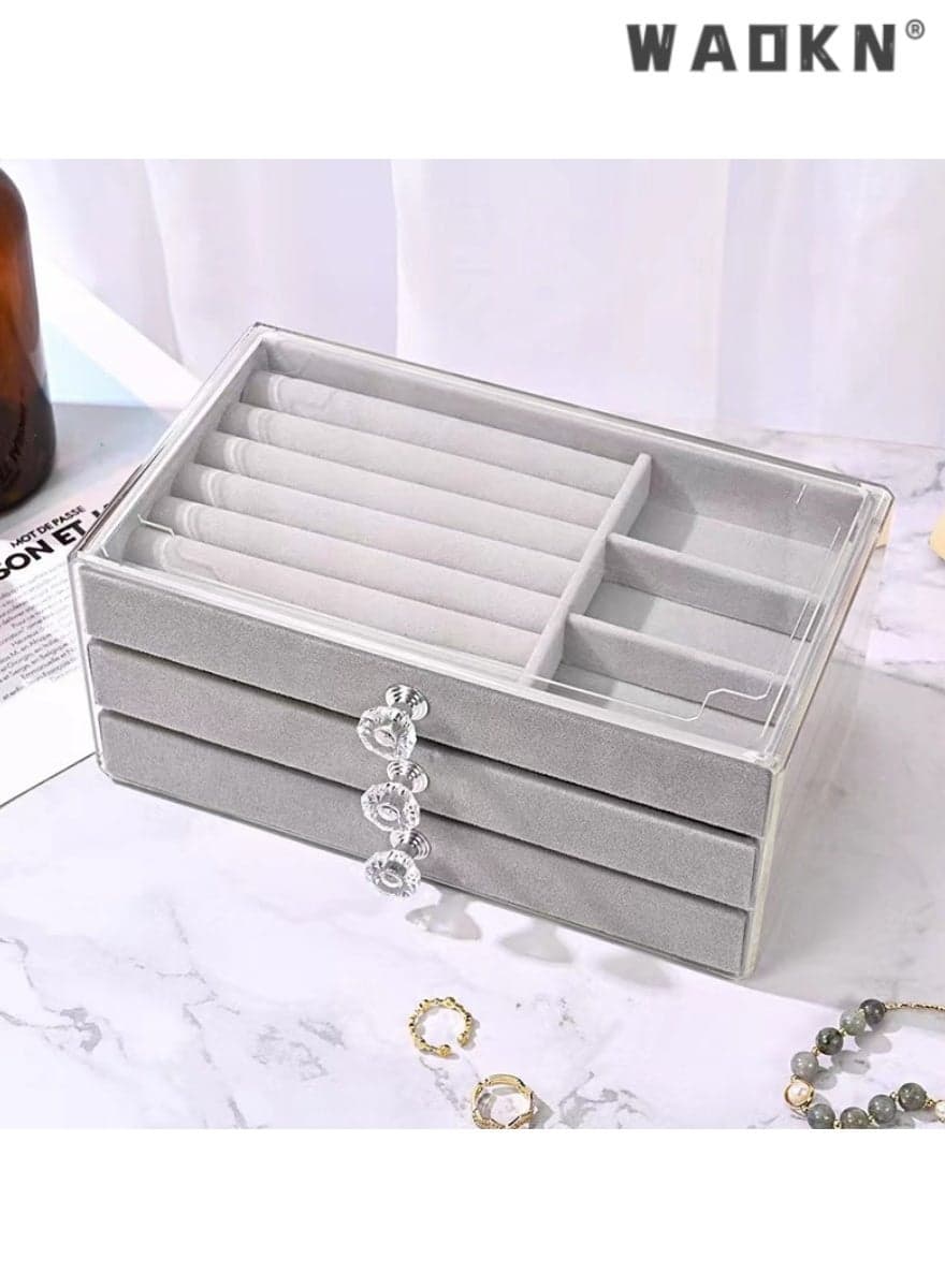 Elegant acrylic jewelry display box, efficient anti-oxidation protection, earrings and necklaces storage box, graceful velvet dust-proof box(grey)