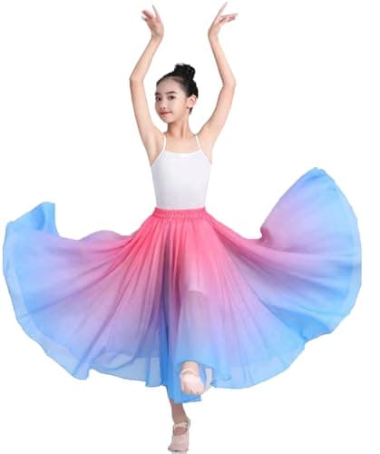 ORIDOOR 720degrees Girl Chiffon Dress with Gradient Color Ballet Classical Ballroom Dance Long SkirtA2 Rose Blue 9-12Years