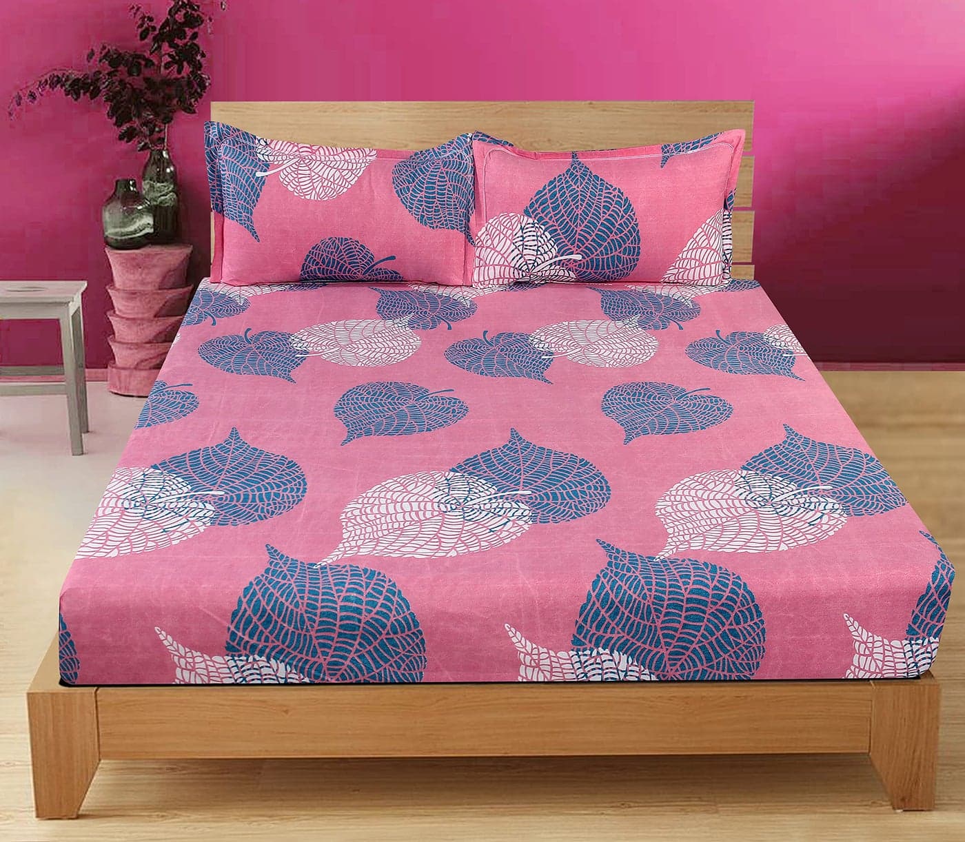 BSB HOME Cotton 160 TC Big Floral Printed Double Bedsheets with 2 King Size Pillow Cover (90X90 Inches, 7.5 x 7.5 Feet, Pink and White and Green)