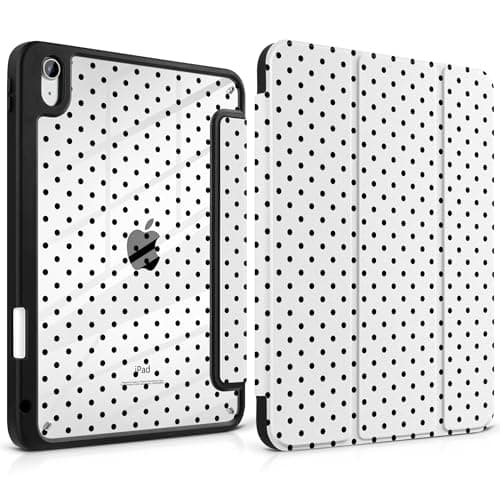 MEEgoodo Case for iPad A16 11th Generation 11 inch 2025/10th Gen 10.9 inch 2022, Cover with Transparent Acrylic Back Shell,Tablet Case with Pencil Holder+Auto Wake/Sleep+ Stand, Poka Dot Black