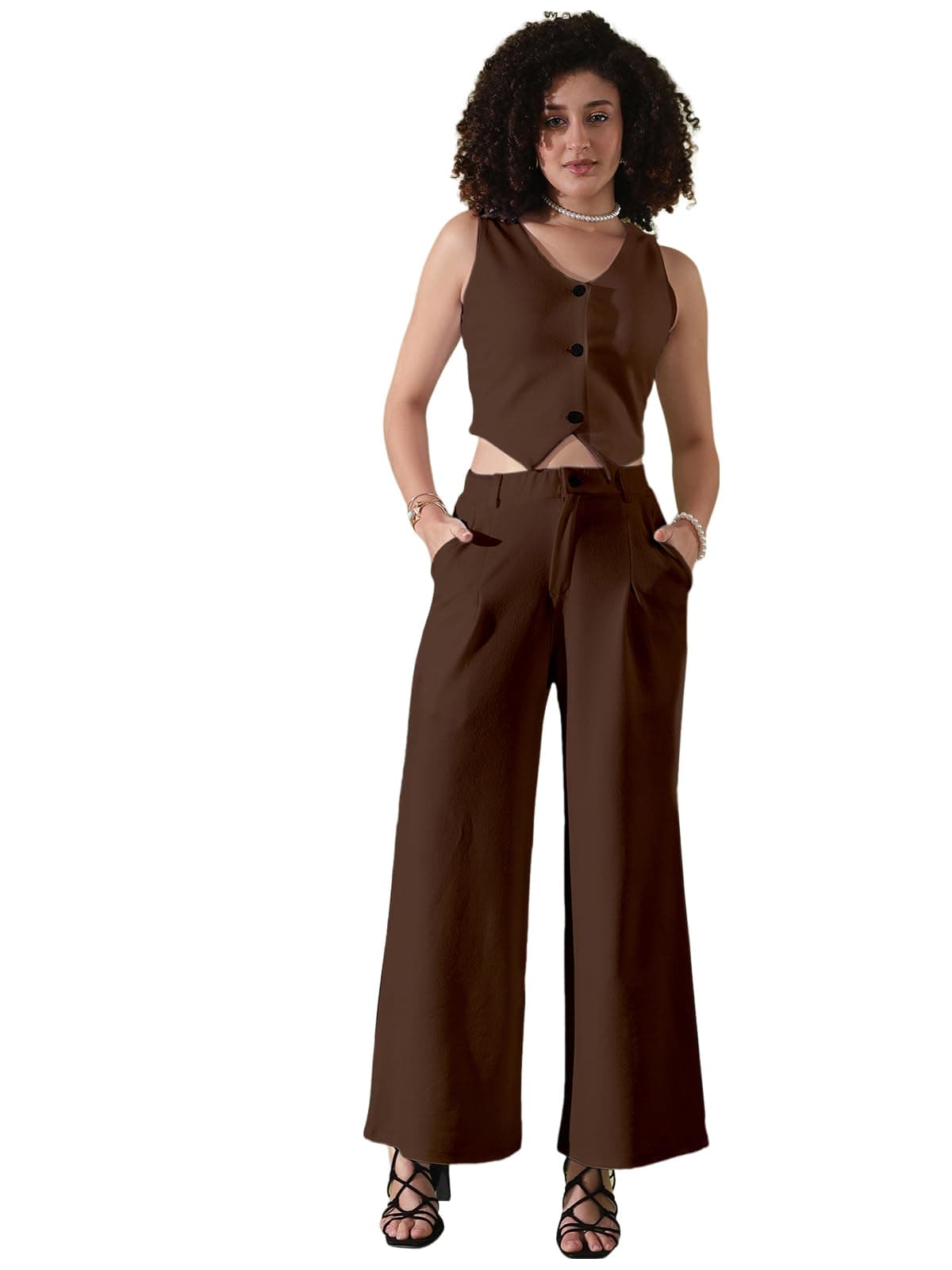Selvia Women's Co-ords Set|Lycra V-Neck Solid Crop Top and Pant Set|Formal Co-ords Set for Women|Two Piece Co-ord Set|Top & Trouser Set(640CTK11283N-S_Brown)