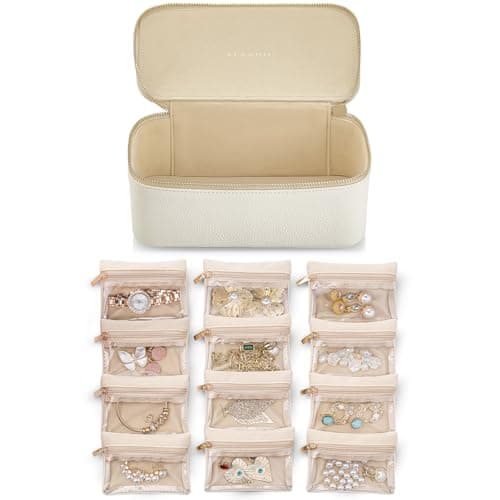 Vlando Gifts for Teachers,Jewelry Box,Travel Jewelry Storage Bags,PU Leather Jewelry Case for 12 Clear Velvet Bags,Gift Ideas for Women Travelers Girls,Wedding, Memorial Day, Birthday Gift-White