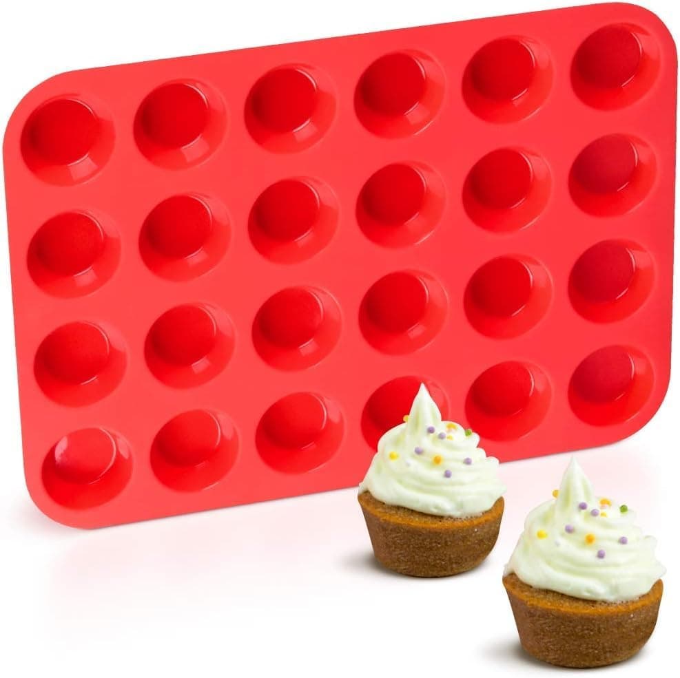 24 Cups Silicone Muffin Pan for Baking, Non-Stick Cupcake Tray, Reusable 24-Cavity Cupcake Mould, Food-Grade Silicone Mini Muffin Tin for Cheesecake, Egg Muffins, Cookies, Red