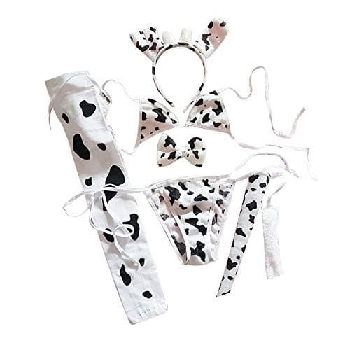 JasmyGirls Cow Lingerie Sexy Maid Outfit Women Anime Milk Cow Print Bikini Cute Kawaii Furry Micro Bra and Panty Sets Naughty Role Playing