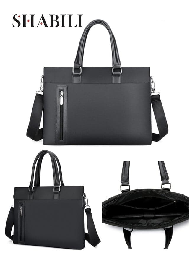 Gents Nylon Handbag Large-Capacity Multi-Pocket Briefcase Laptop Tote, Men Business Water-Repellent Travel Messenger Bag with Detachable Strap for Teen Youth Daily Casual Party Work Trips (Black)