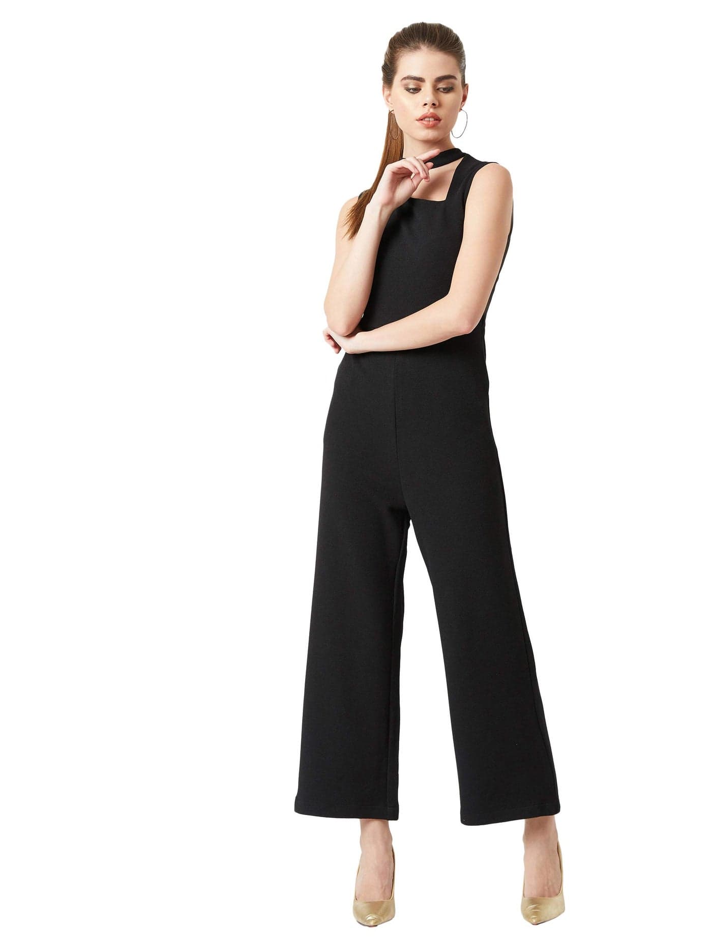 Miss Chase Women's Black Solid Wide Leg Jumpsuit(MCAW19D04-19-62-03,Black,Small)