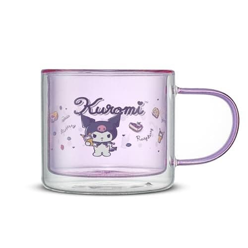 JoyJolt Hello Kitty Double Wall Insulated Coffee Mug ft Kuromi, 13.5 oz Glass Cup, Cute Drinking Glassware ideal for Latte, Iced Coffee, or Tea, Kawaii Hello Kitty Merch, Sanrio Accessories