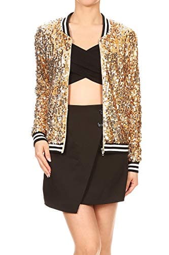 Anna-Kaci Womens Sequin Jacket Bomber Coat 1989 Slitter Outfit For Concert Party, Gold, Medium
