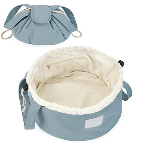 Narwey Barrel Drawstring Makeup Bag Large Floral Cosmetic Bag Make up Bags Toiletry Bag Travel Bags for Toiletries Organizer for Women Gift for Teen Girls (Greyish Blue) (Patent)