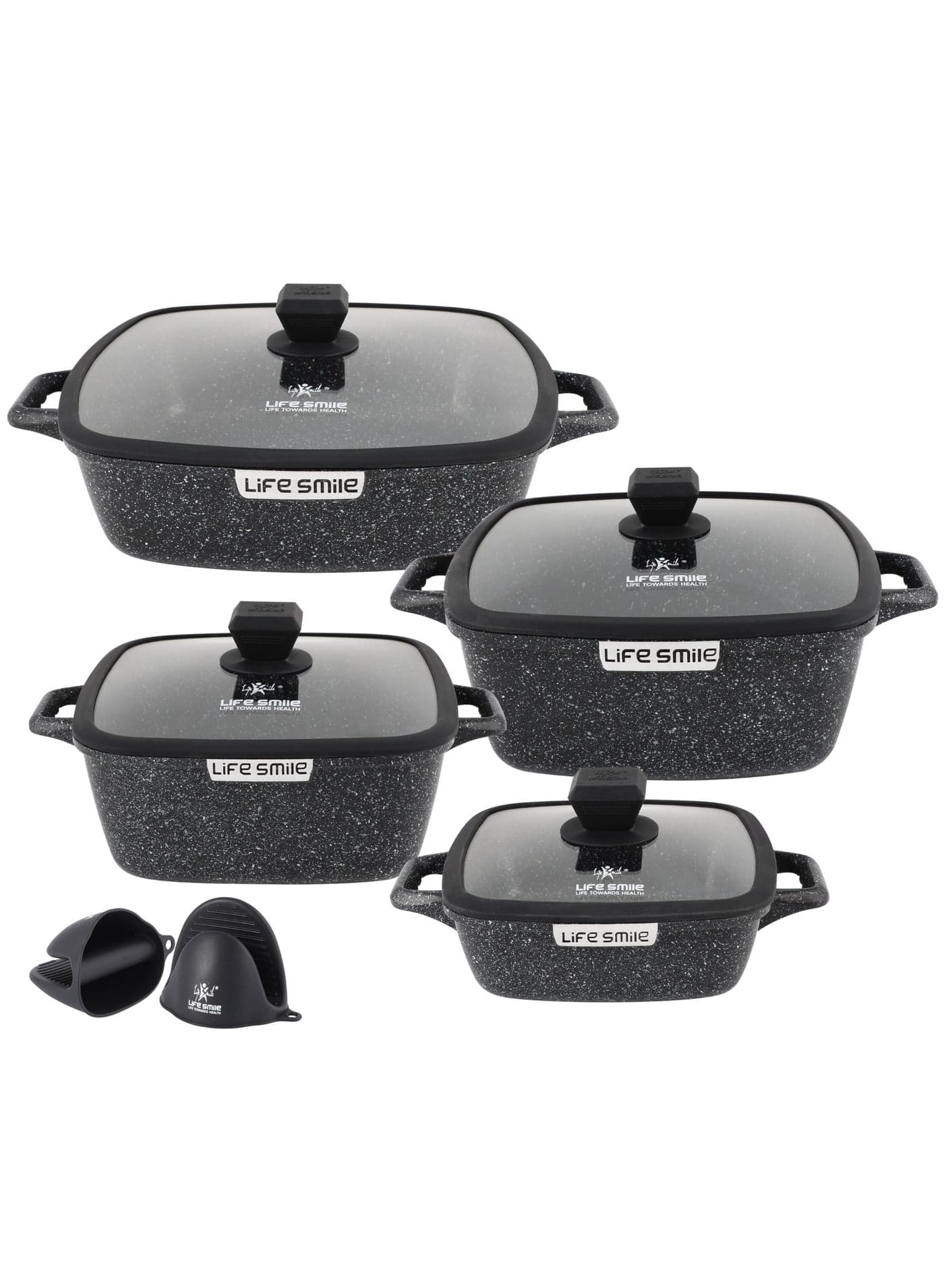Life Smile Granite Nonstick Cookware Set with Lids & Silicone Gloves – Induction Compatible Aluminum Pots, PFOA-Free, Scratch Resistant