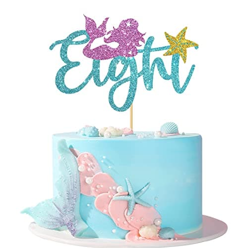 Festiko®Glitter Mermaid Eight Cake Topper/Mermaid Sign Children Girl's 8th Birthday Cake Decor/Ocean Under The Sea Mermaid Eight Theme Party Supplies