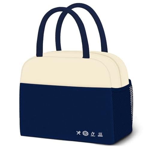 DALINDA Lunch Bag Women, Lunch Box for Women Men Reusable Insulated Lunch Tote Bag, Handbags Case High Capacity for Travel Work Picnic,white blue