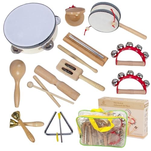 Wooden Musical Instruments Set for Toddlers 13 Natural Wood Percussion Instruments Xylophone Gift Set for Girls Boys Kids Preschool Educational Musical Toys with Storage Bag Log Color